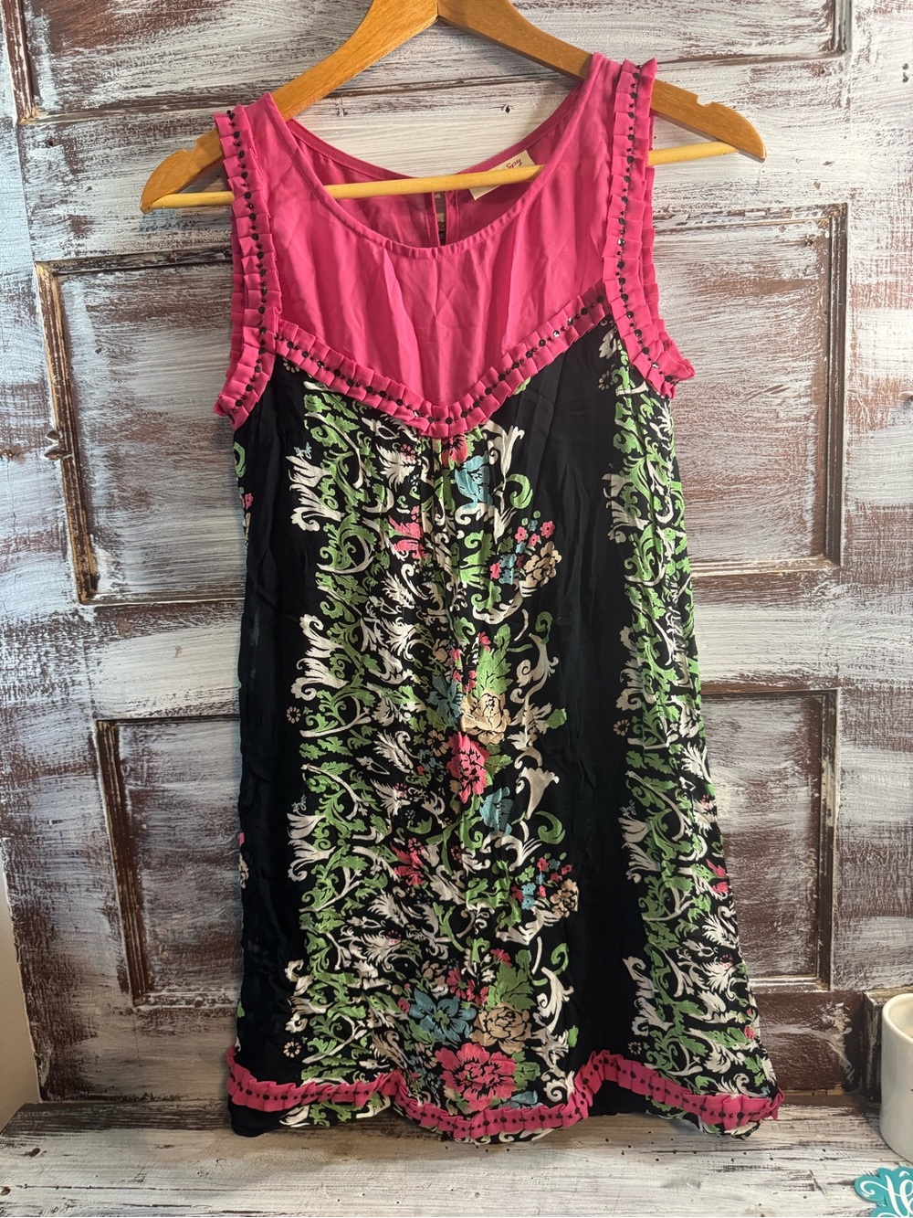 Sleeveless Black Floral Mini Dress with Pink Yoke
